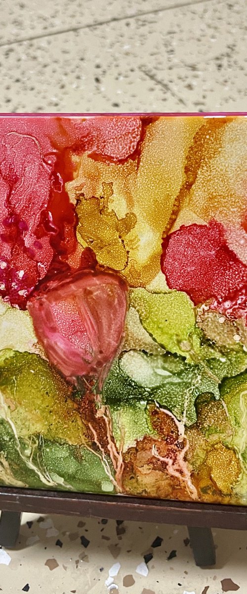 Original Floral Alcohol Ink on Tile with Stand by Rosie Brown