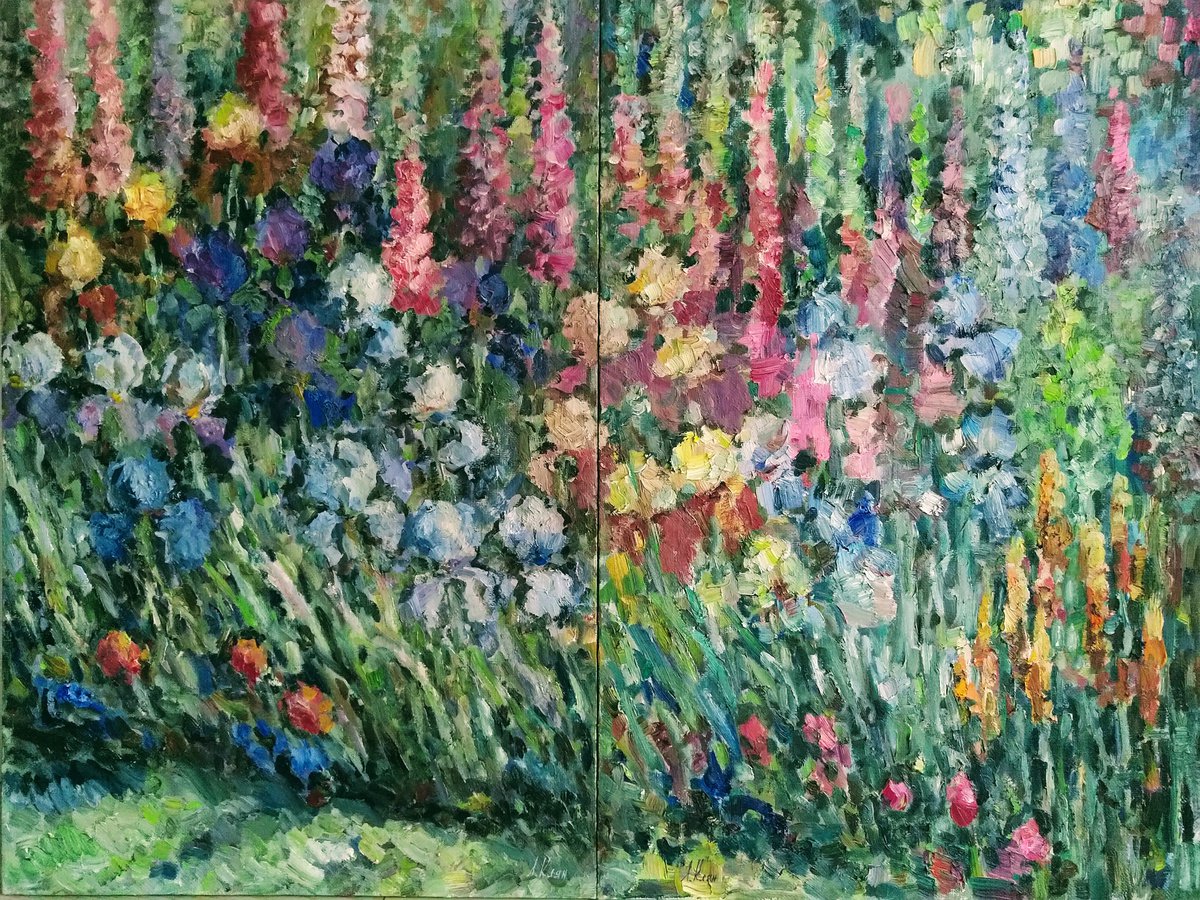 Impressionistic Botanical Oil Painting By Elena Klyan, 35 X 28, Irises Diptych From Usa., Original Artwork