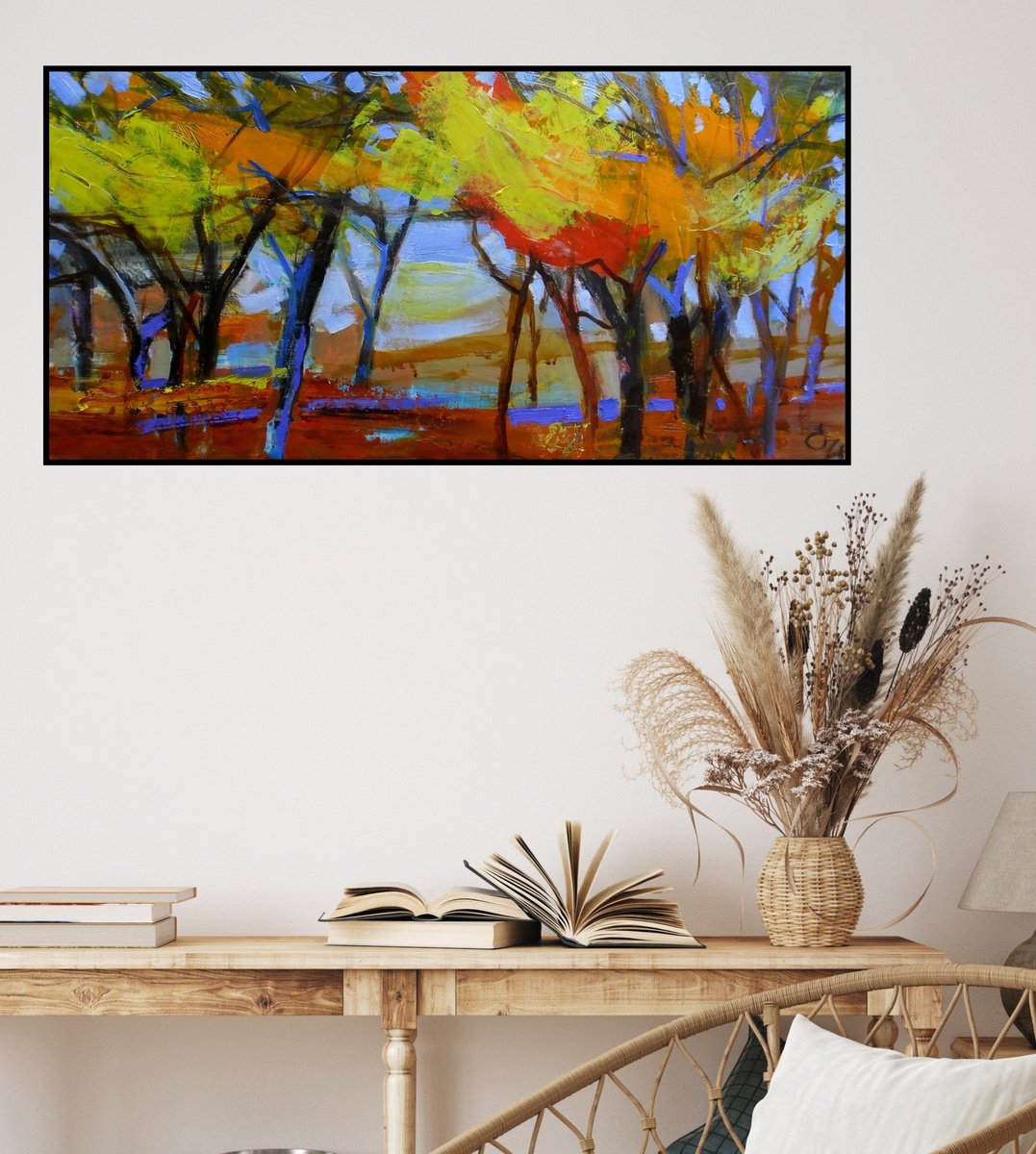 Impressionistic Landscape Oil Painting By Victoria Cozmolici, 24 X 12", Autumn, Original Artwork
