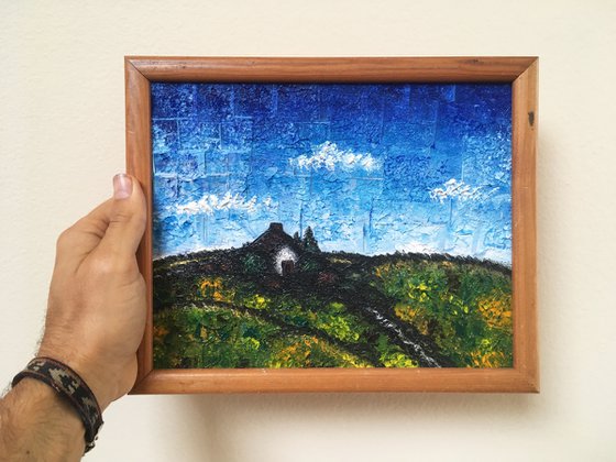 "My Secret Cottage" - Original PMS Micro Painting on Glass, Framed - 11" x 9"