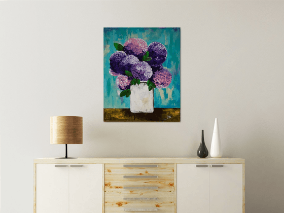 BOUQUET OF Purple and Pink  hydrangea in a white vase palette  knife Original Acrylic painting office home decor gift