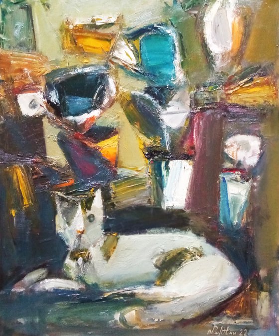 My white cat (45x55cm, oil/canvas, ready to hang)