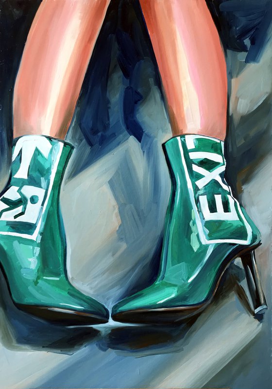 EXIT - oil painting on canvas original gift feminism green boots woman legs nude erotics original gift home decor pop art office interior