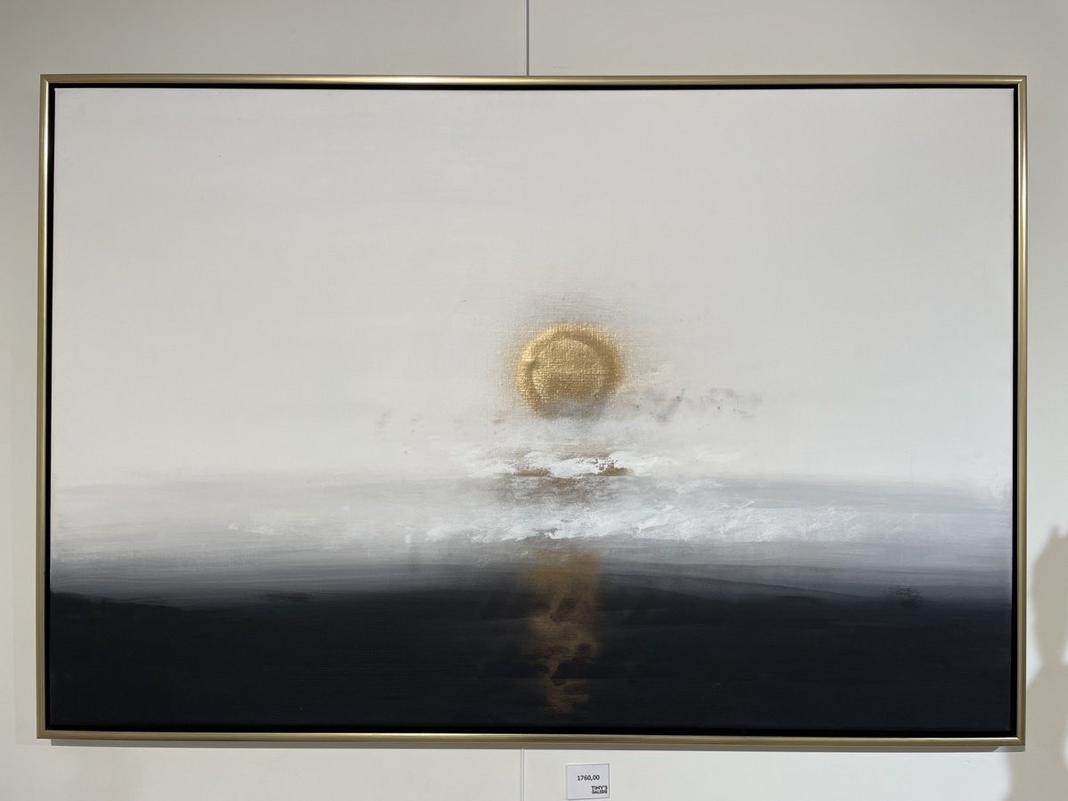 Impressionistic Landscape Acrylic Painting By Tiny De Bruin, 49 X 33", Black White Golden Sun Moist, Original Artwork