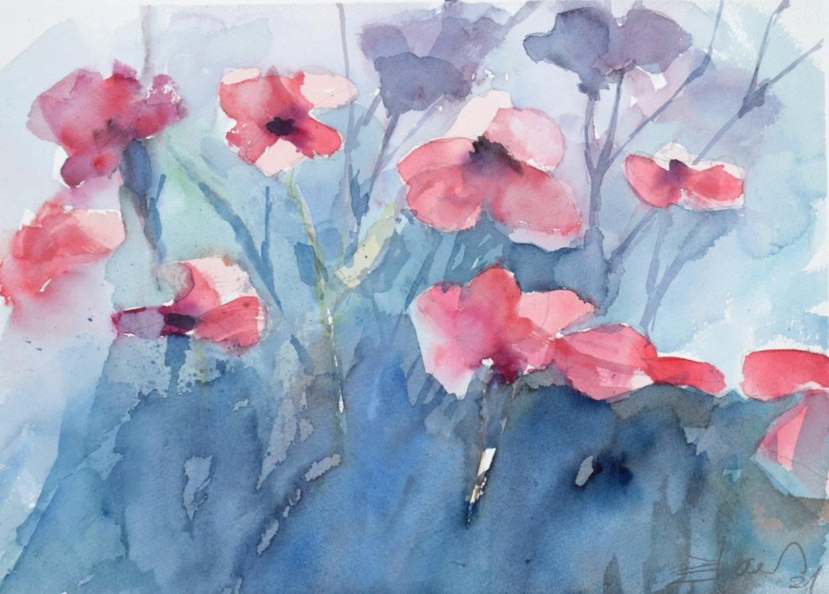 Botanical Watercolour By Goran Zigolic Watercolors, 15 X 11, Poppies, Original Artwork