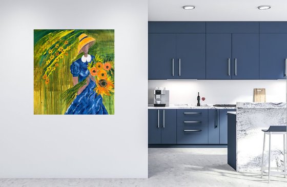Woman with Sunflowers Painting