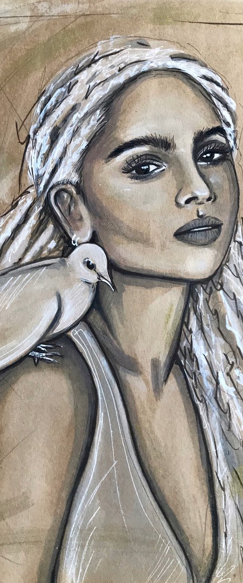 Modern art Zoe and dove mix media 39x54cm by Leysan Khasanova