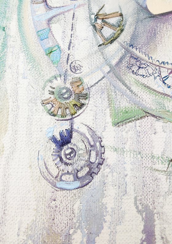 Through the time, steampunk, pale lilac painting with a woman's face and a clockwork, embroidery