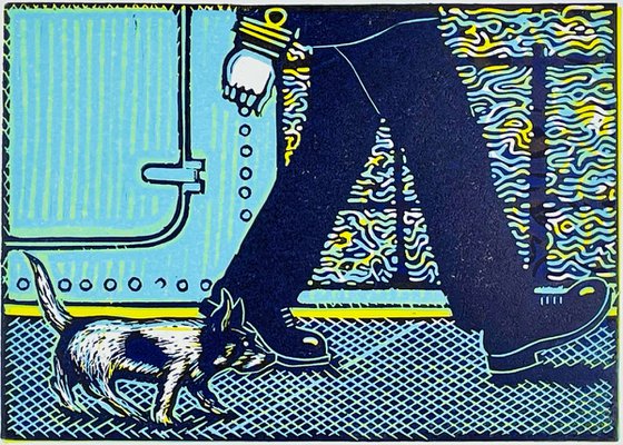 Quick March - Blue linocut