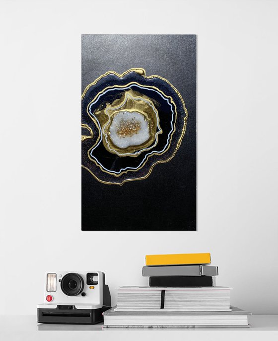 21x36cm. /Agate geode. Marble Art. Geode wall art, Gold, White, Black,  geode wall art Resin painting