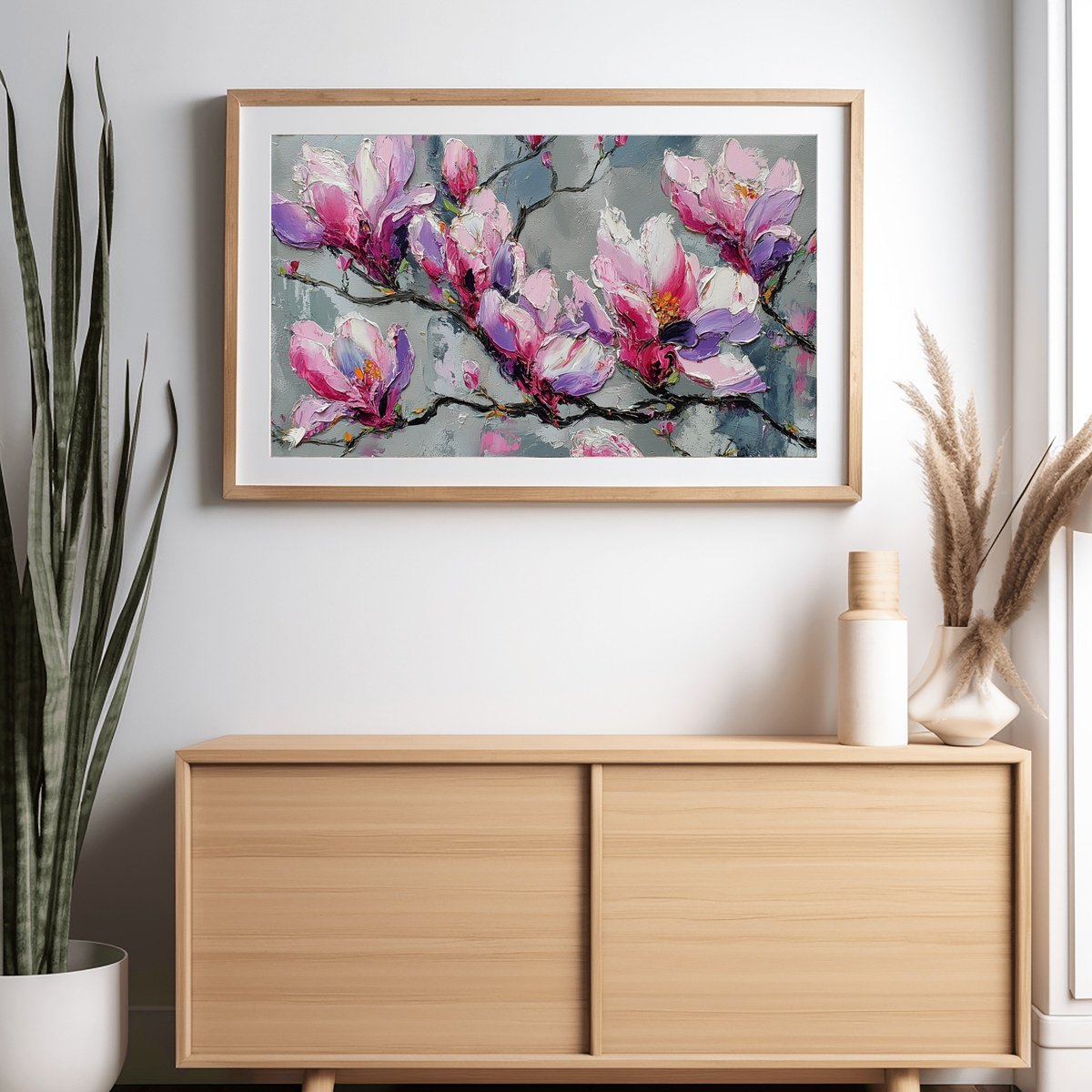 Impressionistic Botanical Giclee Print By Mily Art, 31 X 18", Magnolias On Gray, Original Artwork