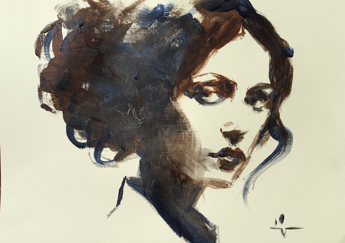 Expressive Portrait Acrylic Painting By Dominique Deve, 11 X 8, In The Wind #2, Original Artwork