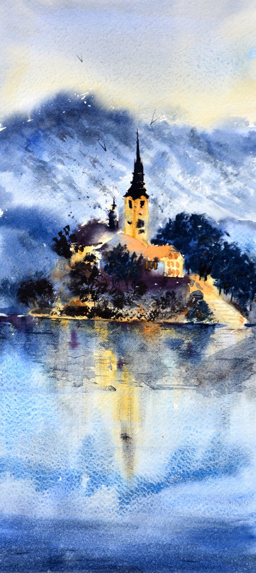 Bled Lake Slovenia #42 17x36cm 2022 smal watercolour by Nenad Kojić watercolorist