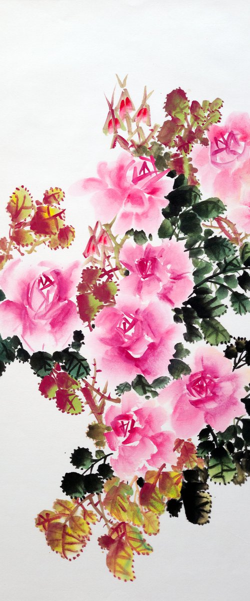 Pink Roses - Oriental Chinese Ink Painting by Ilana Shechter