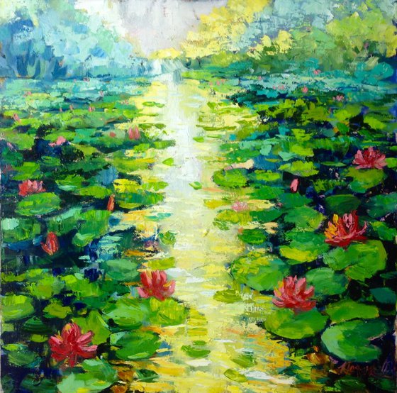 Sunny day . water lilies pond oil painting landscape river sunlight waterlily