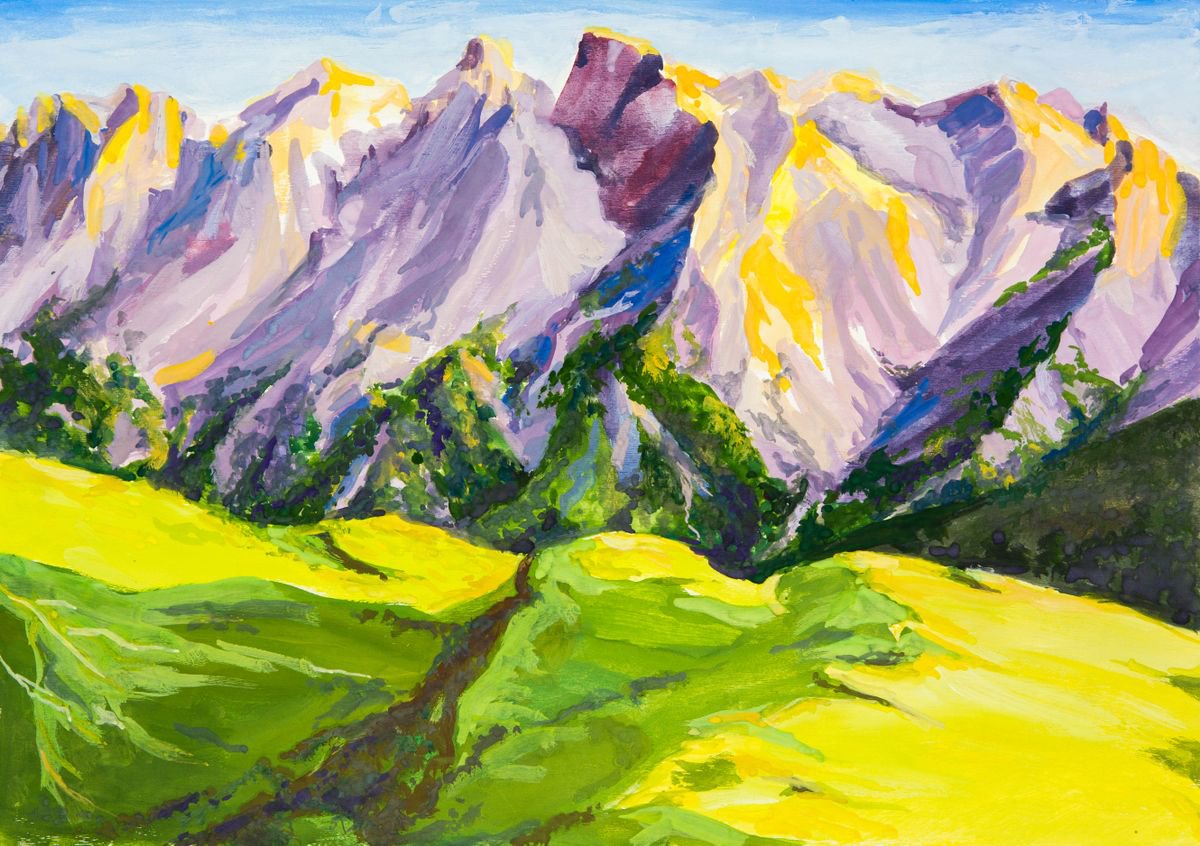 Impressionistic Landscape Painting By Galyna Shevchencko, 17 X 12, Mountain Range, Original Artwork