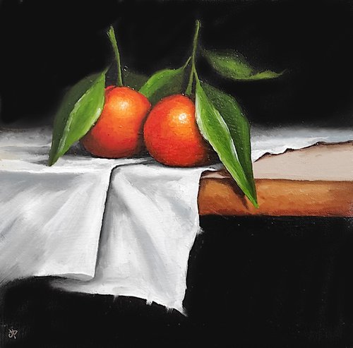 Clementines on cloth still life by Jane Palmer Art