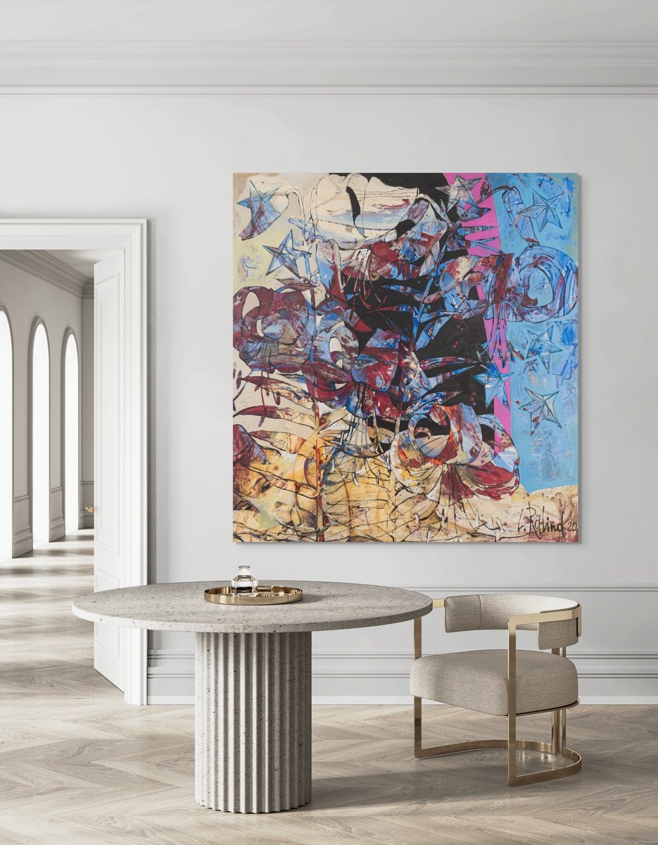 Abstract Oil Painting By Yelena Ralina, 59 X 63", Seven Wishes, Original Artwork