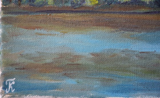 River landscape oil painting on canvas, spring forest painting