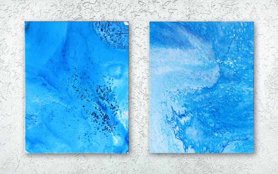 "My Blue Heaven" - FREE USA SHIPPING - Original PMS Abstract Diptych Fluid Acrylic Paintings On Canvas - 32" x 20"