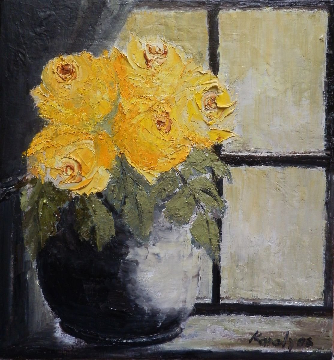 Yellow roses in a window by Maria Karalyos