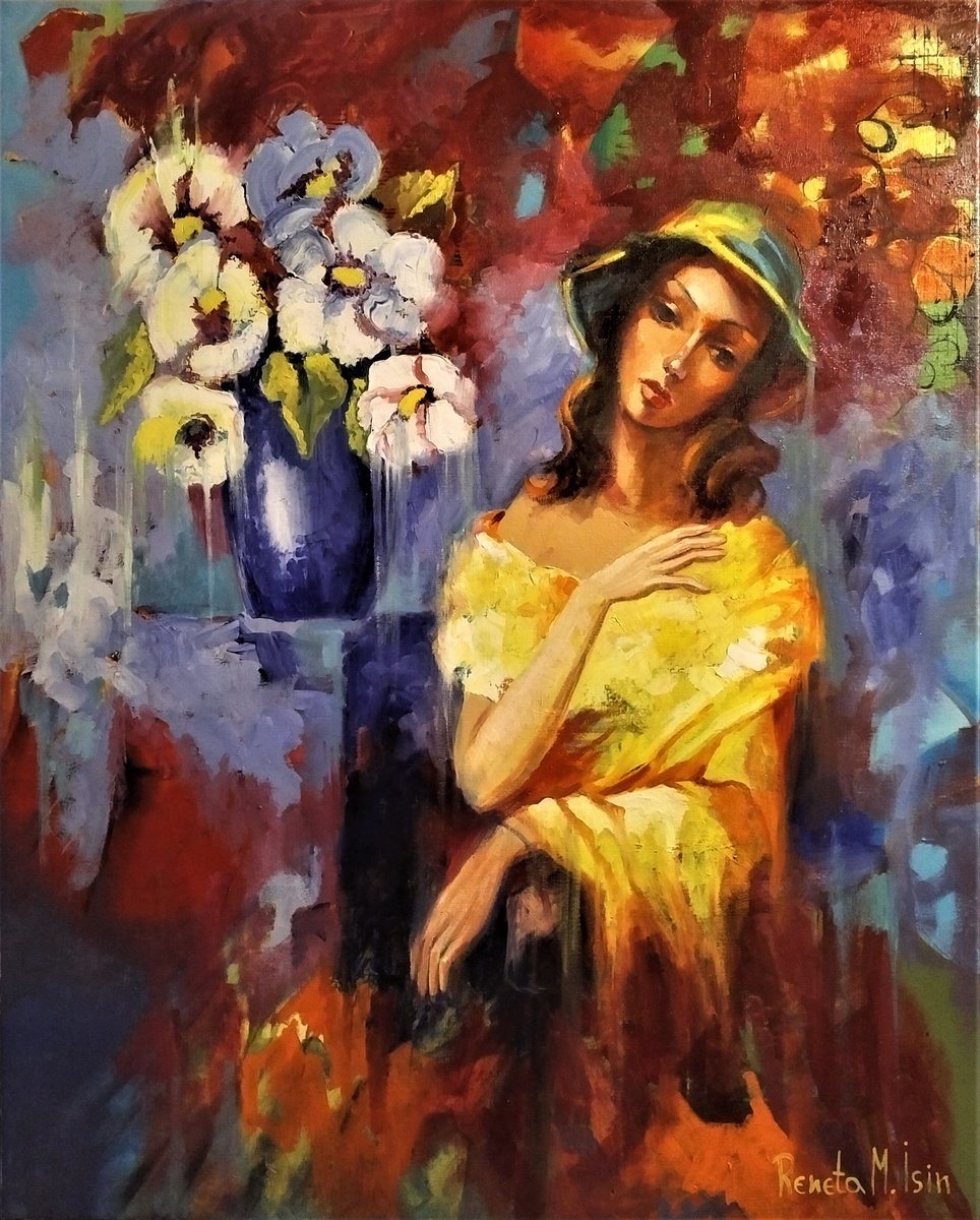 Expressive Portrait Oil Painting By Reneta Isin, 31 X 39", " French Woman In Studio ", Original Artwork