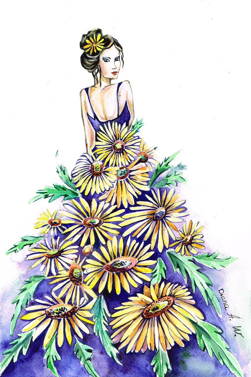 Lady in Yellow Sunflowers Dress by Diana Aleksanian