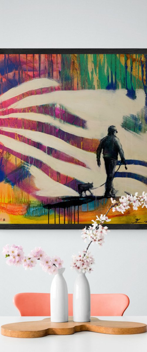 Bright painting - "Summer walk" - Pop Art - Street - City - Dog - Man with dog by Yaroslav Yasenev