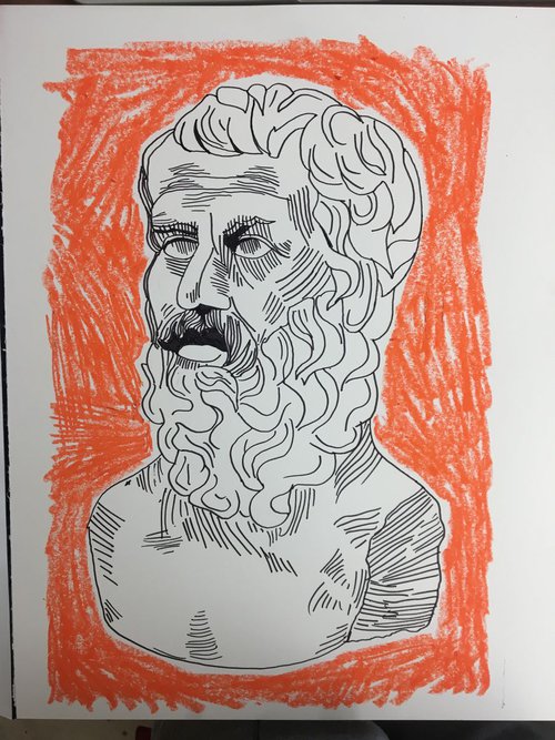 Zeus Boss of The Gods, Grecian Bust - Ink and Oil Pastel Mixed Media Original Signed Drawing - A3 by David Horgan