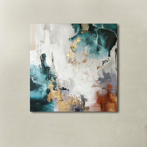 "Teal Flood" Teal gold abstract acrylic art