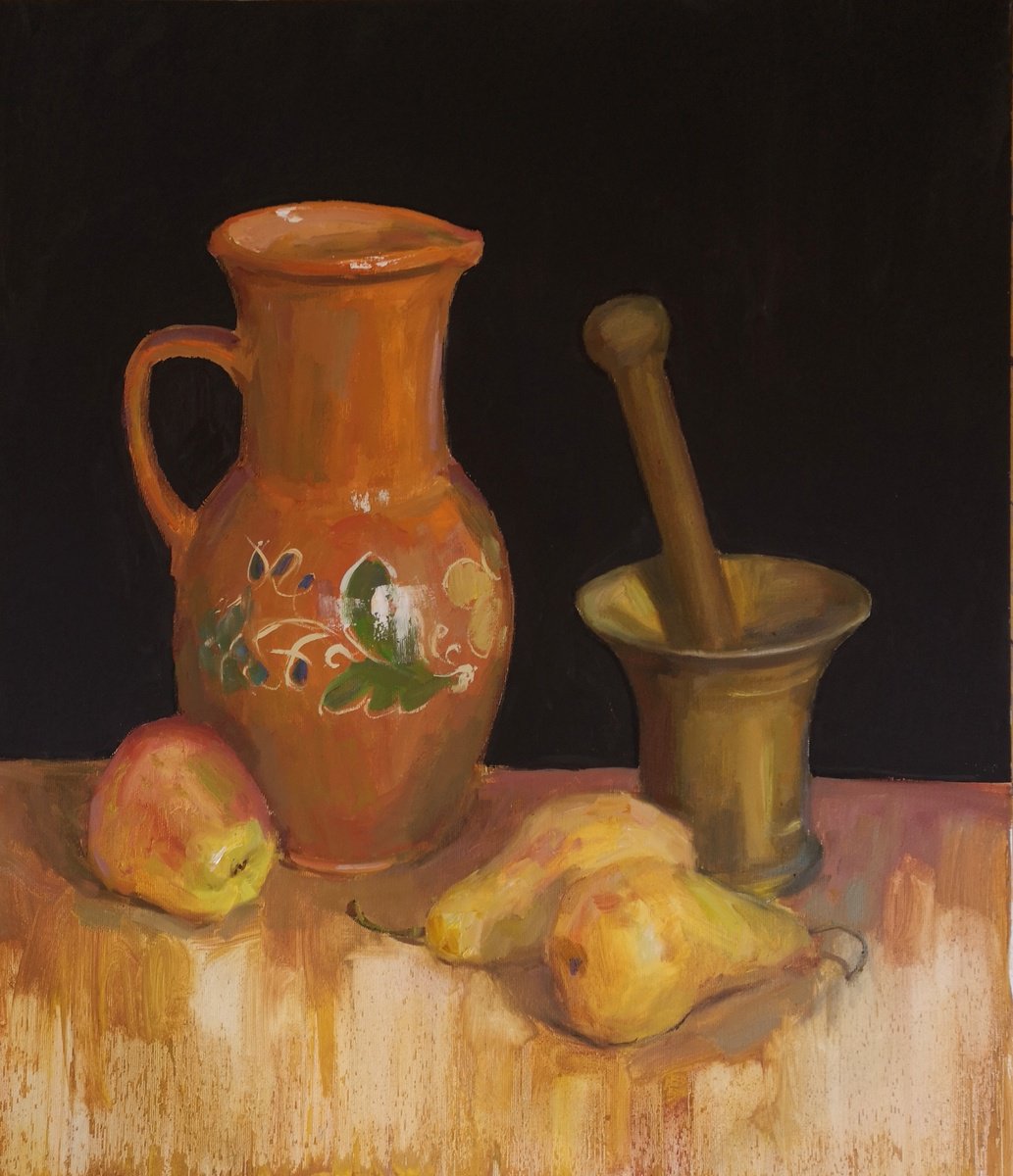 Expressive Still Life Oil Painting By Olga Samar, 24 X 28", Stewed Fruit, Original Artwork