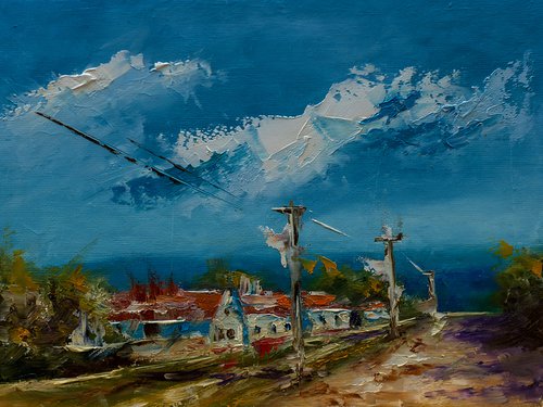 Old village in rural Croatia. Small oil painting by Marinko Šaric
