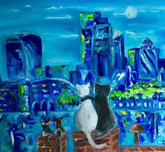 Cats  holiday in London,  evening cityscape , spring time, city of London