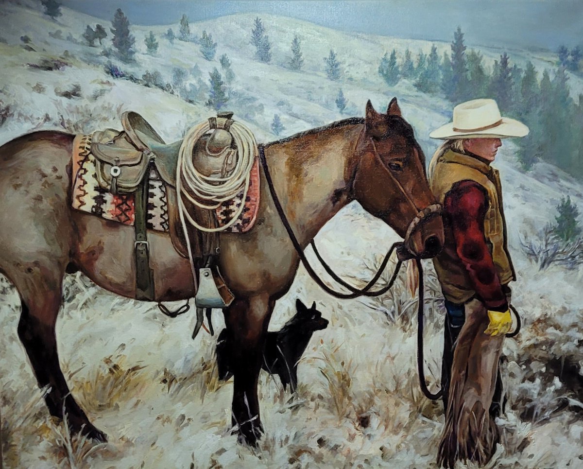 Snowland Contemporary Cowboy Oil Painting Landscape Figurative by QI Debrah
