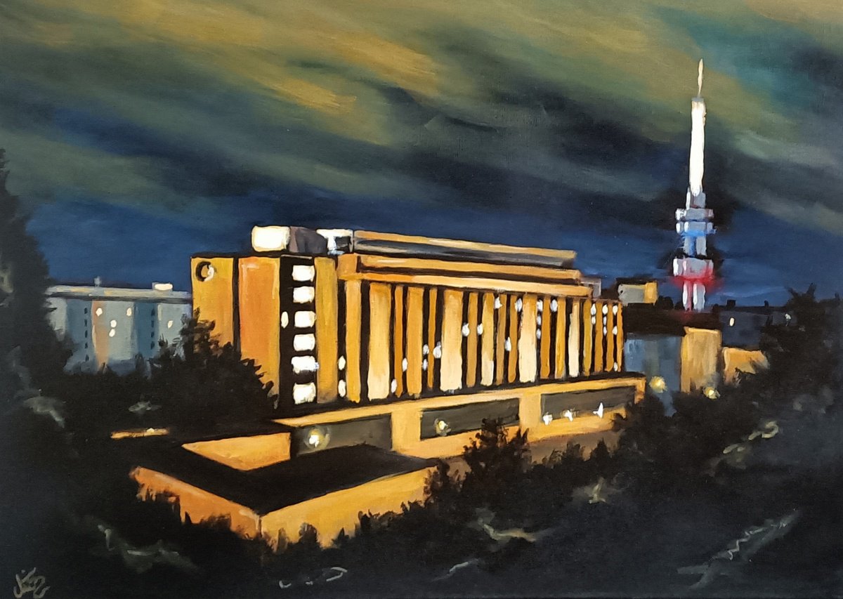 Urban And Pop Cityscapes Acrylic Painting By Tiziano Marasco, 28 X 20", Hotel Olse - Forgotten Prague Series, Original Artwork