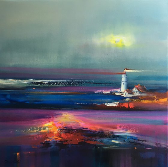 The way Home - 60 x 60 cm, abstract landscape oil painting in purple and pink