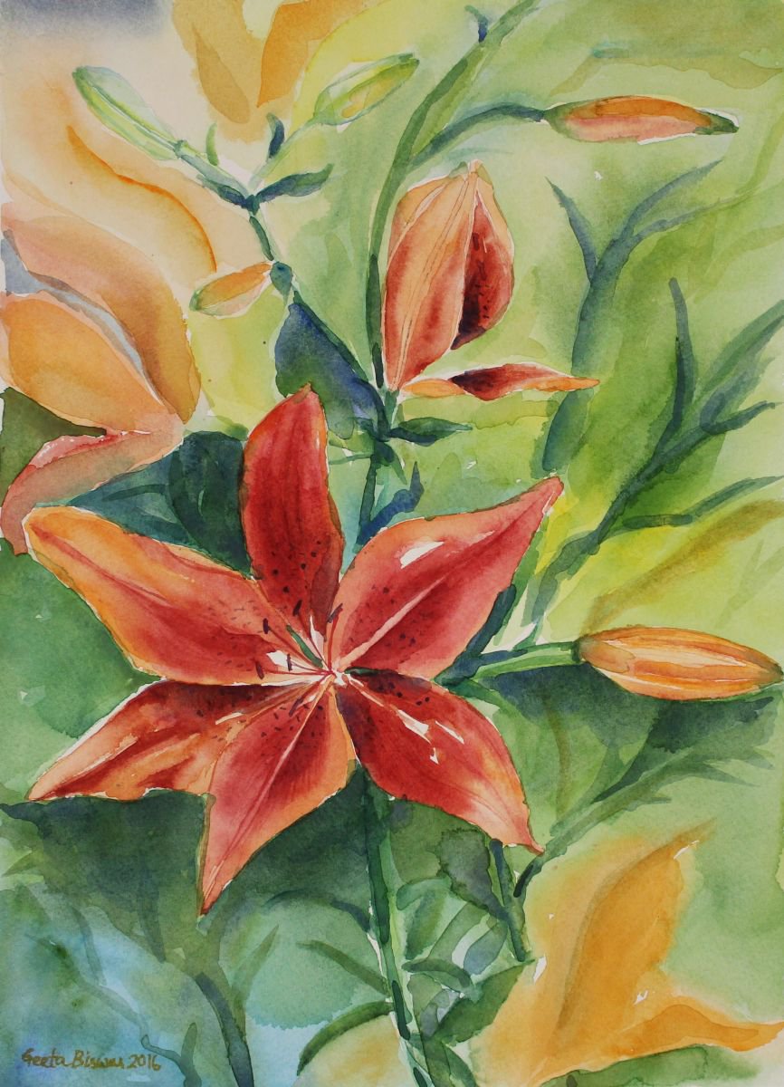 Tiger lily, watercolor, still life painting in impressionistic style by Geeta Yerra