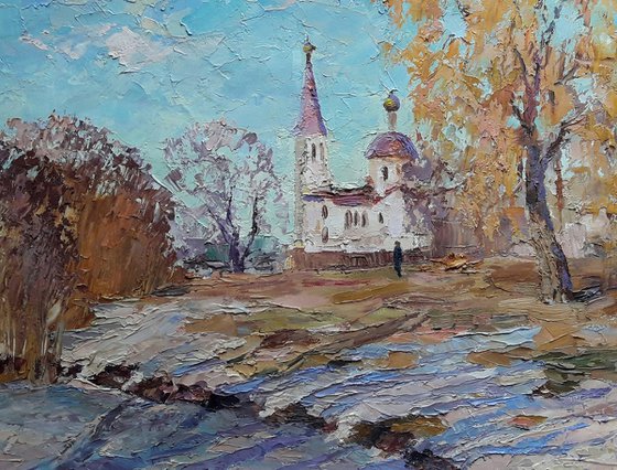 Winter landscape with a temple