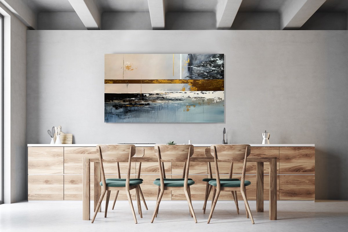 Geometric Abstract Acrylic Painting By Tatiana Malinovscaia, 55 X 31", Golden Silence, Original Artwork