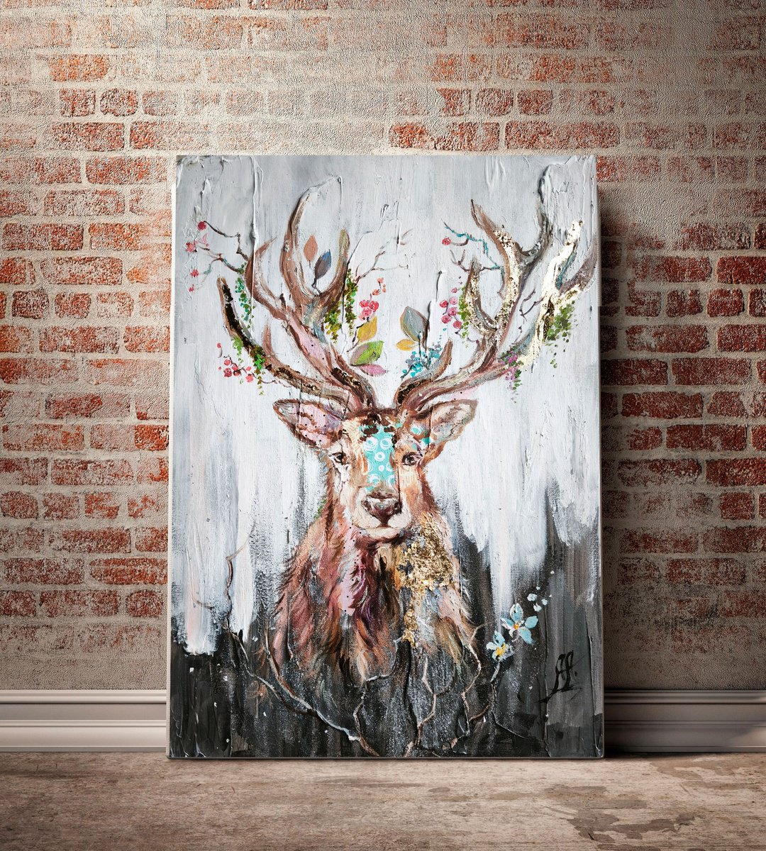 Impressionistic Animal Acrylic Painting By Annet Loginova, 20 X 28, Winter Deer Oil Painting, Original Artwork