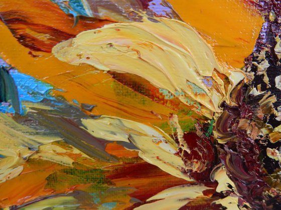 Sunflower,  Impasto oil painting. Palette knife, heavy textured art