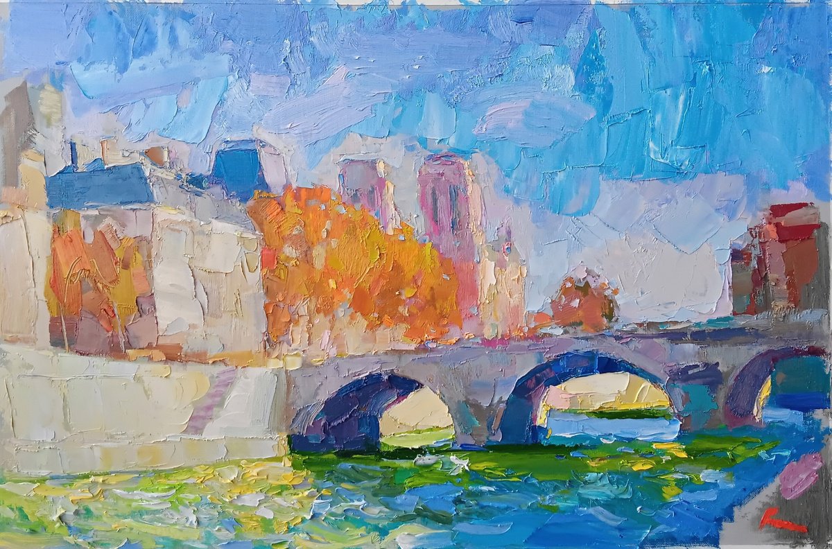 Impressionistic Landscape Oil Painting By Ruslan Khais, 27 X 18", Along Seine River, Original Artwork