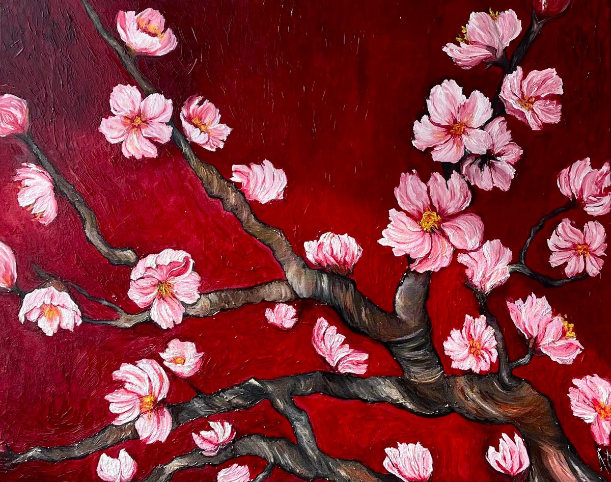 Expressive Botanical Oil Painting By Anastasiia Novitskaya, 39 X 31, Blooming Cherry Branches, Original Artwork