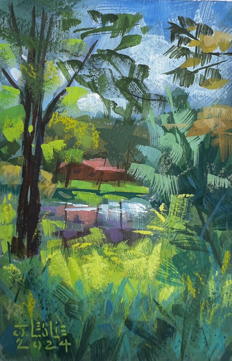 Impressionistic Landscape Painting By Jimmy Leslie, 4 X 6, Huggy Bear Lake, Original Artwork