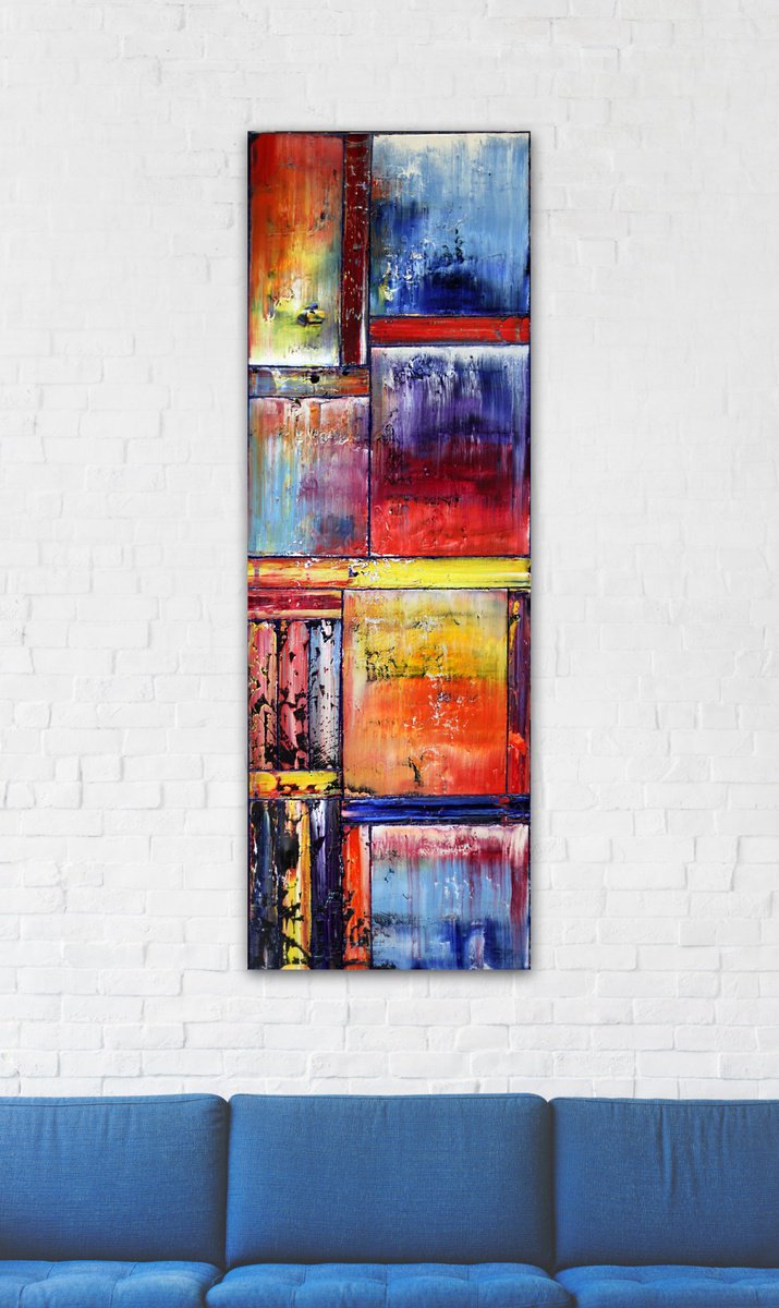 Geometric Abstract Oil Painting By Preston M. Smith (Pms), 20 X 60", "Propped Up", Original Artwork