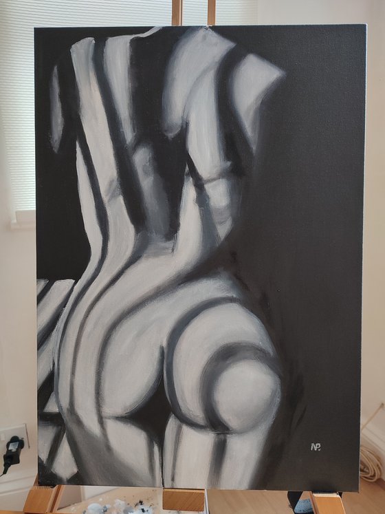 Shadows, original nude erotic oil painting, black and white art, gestural art