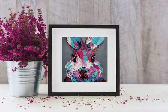 Pink rabbit - oil painting, bunny, rabbit oil painting, small painting, postcard size, animals, animal oil painting