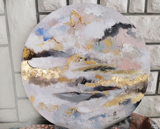 Round abstract canvas art, textural painting