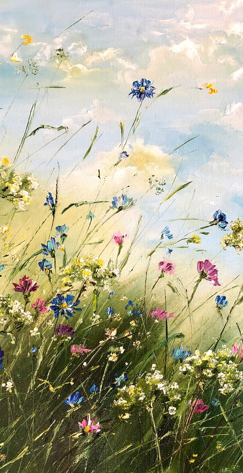 MOTLEY GRASS - Summer. Blooming meadow. Wildflowers. Landscape. Clouds. Wind. Sky. Daisies. Cornflowers. by Marina Skromova