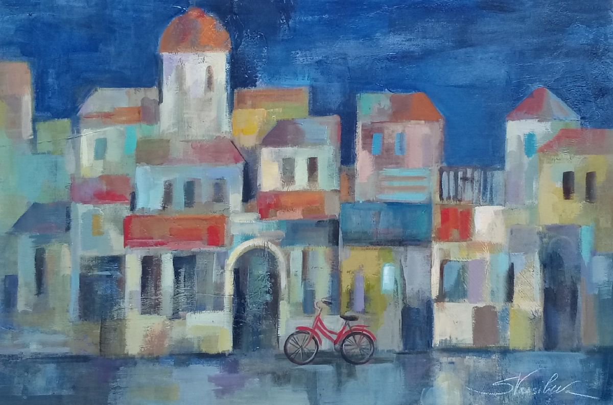 Expressive Cityscapes Acrylic Painting By Silvia Vassileva, 30 X 20", Evening Street, Original Artwork